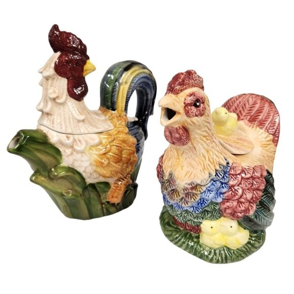 Vintage Ceramic Rooster & Hen Teapots Set Farmhouse Decor Chicken Rooster Decor - Picture 2 of 6